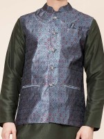 Dark Green Pure Silk Readymade Kurta Pajama With Jacket